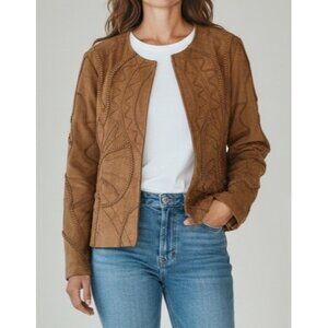 Chico’s Faux Suede Jacket Blazer Tan Size 1(US 8-10) Appliqué Design  Lined